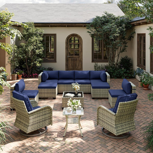 12-Piece Patio Furniture Set, Outdoor Patio Furniture with Swivel Chairs Set, Ottomans, Modular Patio Sofa, Dual-Strand Wicker Rattan, Rust-Resistant Frame, Navy Blue