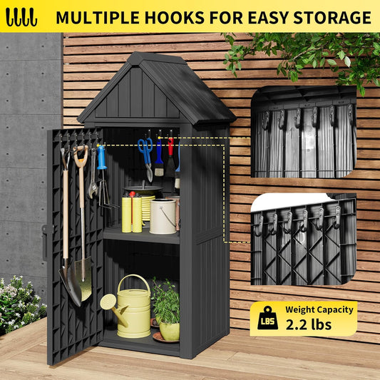 Outdoor Resin Storage Shed, Upgrade Durable Storage Cabinet with Removable Shelves and Lock Ring, Reinforced Floor, All-Weather Construction for Garden Patio Lawn (Black)
