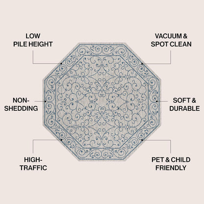 JONATHAN Y SMB106C-8TGN Charleston Vintage Filigree Textured Weave Gray/Navy 8' Octagon Indoor/Outdoor Area Rug, Non-Shedding, Stain Resistant,Fade Resistant, Easy-Cleaning for Backyard Patio, Porch
