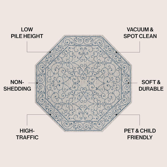JONATHAN Y SMB106C-8TGN Charleston Vintage Filigree Textured Weave Gray/Navy 8' Octagon Indoor/Outdoor Area Rug, Non-Shedding, Stain Resistant,Fade Resistant, Easy-Cleaning for Backyard Patio, Porch