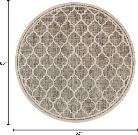 Eyely BMS109A-5R Santa Monica Trebol Moroccan Trellis Textured Weave Indoor/Outdoor Area Rug Coastal;Bohemian, Bedroom, Backyard, Patio, Easy-Cleaning, Non-Shedding, 5' Round, Brown/Beige