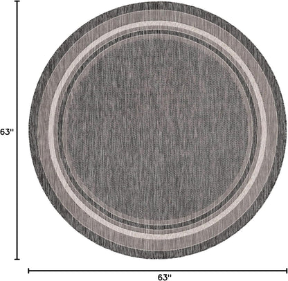 Unique Loom Outdoor Border Collection Area Rug - Soft Border (5' 3" Round, Black/ Ivory)