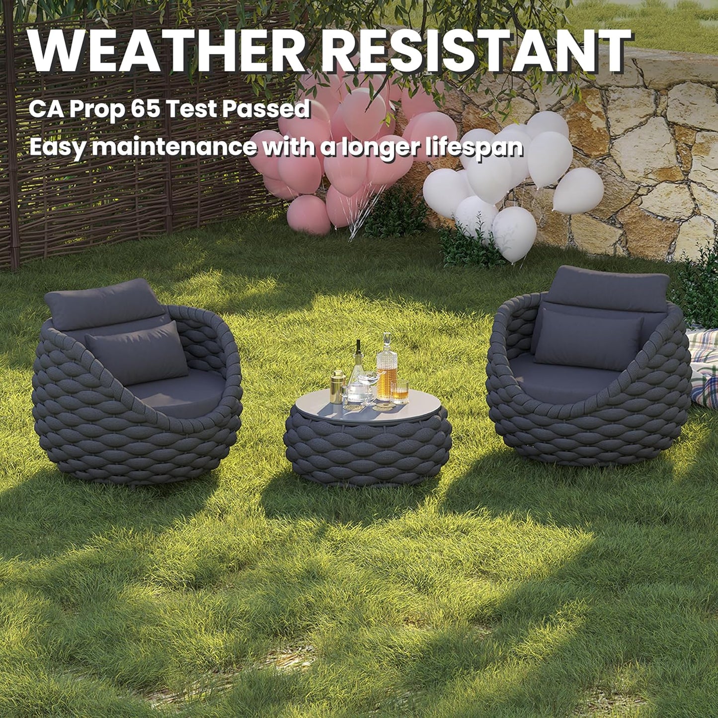 Front Porch Furniture Set 3 Piece: Aluminum Woven Rope Patio Conversation Sofa Set for 2 - Assembled Outdoor Couch Armchair Set Cushions - for 400lb Deck Balcony Pool Yard Hotel - Dark Gray