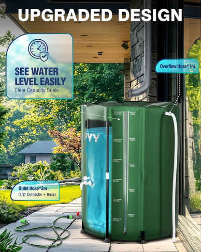 PYY Rain Water Collection Barrel - 132 Gallon Green Water Storage Tank with Spigots, Hose and Portable Bucket, Large Plastic Collapsible Rain Catcher Catchment System to Collect Rainwater from Gutter
