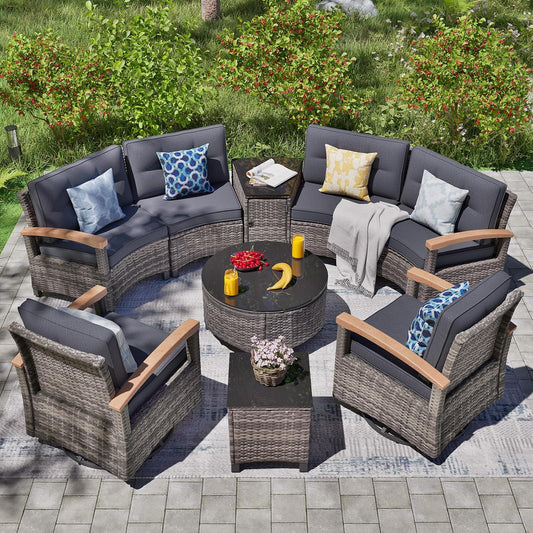 9-Piece Outdoor Patio Furniture Set, Half-Moon Curved Sectional Set with Wood Armrests, Patio Conversation Set, Tempered Glass Coffee & Side Tables (Grey)