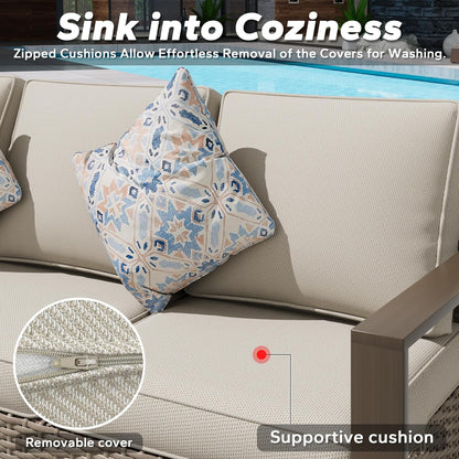 Wicker Patio 75" Sofa Set with 2 Swivel Chairs, All Weather Rattan Outdoor Conversation Furniture Set with Wood-Looking Metal Armrest & Removable Cushions for Backyard Porch, Beige