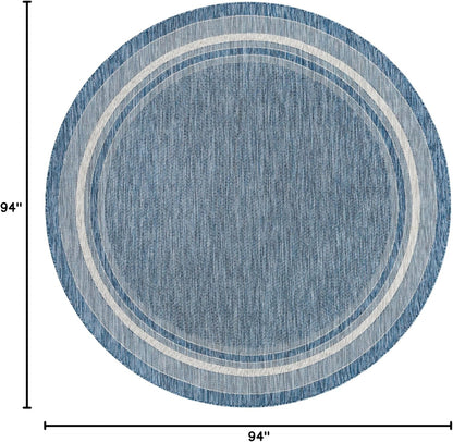 Unique Loom Outdoor Border Collection Area Rug - Soft Border (7' 10" Round, Blue/ Ivory)