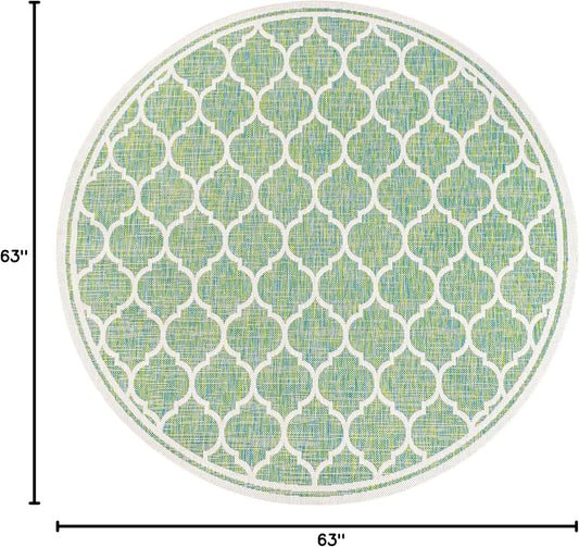 Eyely BMS109I-5R Santa Monica Trebol Moroccan Trellis Textured Weave Indoor/Outdoor Area Rug Coastal;Bohemian, Bedroom, Backyard, Patio, Easy-Cleaning, Non-Shedding, 5' Round, Cream/Green