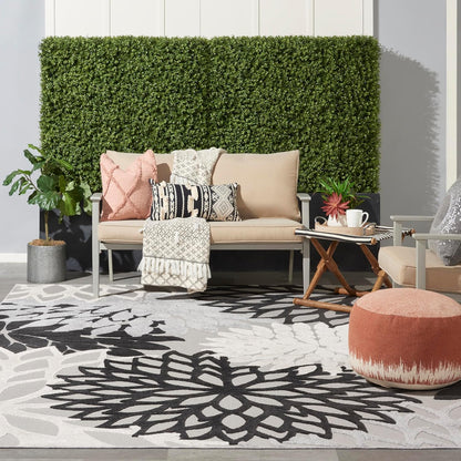 Nourison Aloha Indoor/Outdoor Black White 9' x 12' Area Rug, Tropical, Botanical, Easy Cleaning, Non Shedding, Bed Room, Living Room, Dining Room, Deck, Backyard, Patio (9x12)