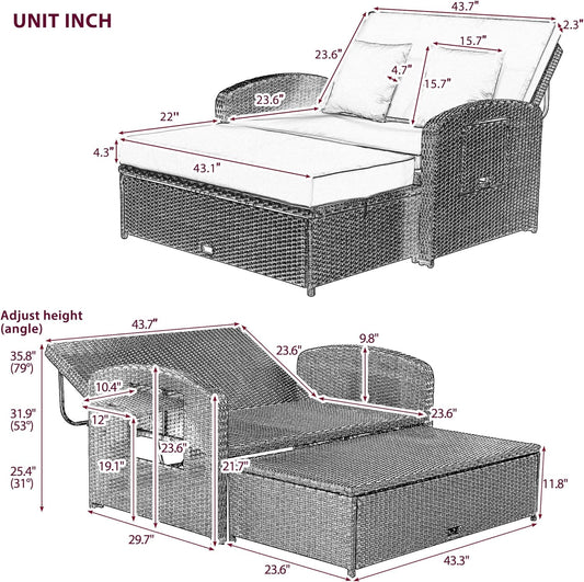 43.7” Patio Rattan Daybed Set, PE Wicker Rattan Double Chaise Lounge, 3-Level Adjustable Back and Cushions, Free Furniture Protection Cover, White