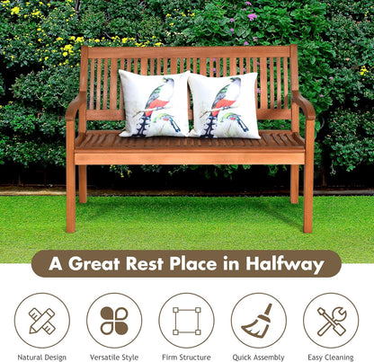 COSTWAY Wooden Bench Outdoor, Curved Armrest & Backrest, Sturdy Outdoor Wood Bench for Garden, Park & Porch, 25" D x 50" W x 36" H, Teak Colored