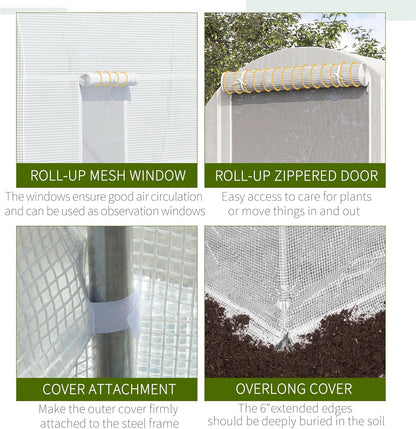 Outsunny 15' x 7' x 7' Walk-in Tunnel Greenhouse, Large Heavy Duty Garden Hot Green House Kit with 6 Roll-up Windows & Roll Up Door, Steel Frame for Garden Plants, White