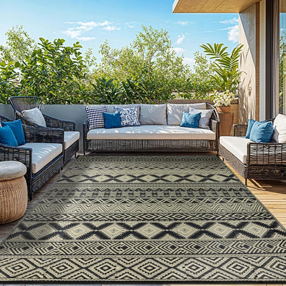 9'x12' Reversible Outdoor Rug - Eco-Friendly Plastic Straw Rug-Heavy-Duty Waterproof Mat, UV & Fade Resistant for Patio, Camping, RV, Deck, Balcony(9x12,Black&Beige)