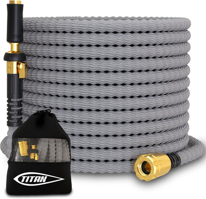 TITAN Flexible Garden Hose 65FT – Ultra Lightweight, Heavy Duty Water Hose with Brass Fittings & Jet Nozzle – Kink-Free, Non-Expanding, Durable Fabric Hose for Yard, Lawn, Car Wash, Outdoor Use