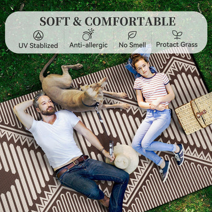 MontVoo Outdoor Rug 8x10 Waterproof Patio Rug-Outdoor Carpet Mat Reversible Plastic Straw Outside Outdoor Rug for RV Camping Picnic Balcony Backyard Pool Deck Porch Modern Boho Beige Brown