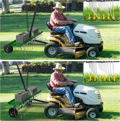 48 Inch Green Tow Dethatcher with 24 Spring Steel Tines, Pull Behind Dethatcher for Outdoor Yard Care, Garden Farm Grass Tractor Rake to Remove Thatch, Leaves and Needles from Large Lawn Areas