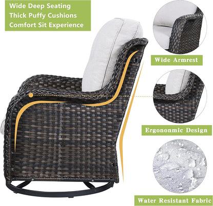 Outdoor Patio Swivel Rocker Chairs - 3 Piece Patio Bistro Set,Wicker Patio Furniture Set with 2 Swivel Rocking Chairs and 1 Glass Top Side Table for Deck Porch Garden,Brown/Beige