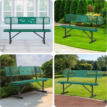 6 Feet Steel Park Bench for Outside, Outdoor Bench with Backrest & Portable Frame, Commercial Benches for Parks, School, Patio, Deck, Store,Green