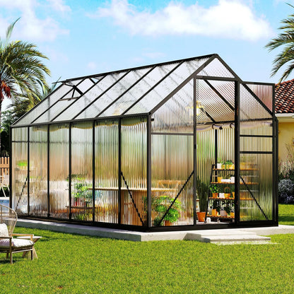 Amerlife 6x12x6.3 FT Ft Polycarbonate Greenhouse for Outdoors, Walk-in Design with Aluminum Frame, 2 Windows and Swing Door, Heavy-Duty Greenhouse Construction for Garden, Black
