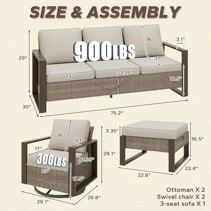 5 Pieces Metal Wicker Patio Furniture Set with 75" Sofa, Two Swivel Chairs and Two Ottomans, All Weather Rattan Outdoor Conversation Furniture with Washable Cushions for Porch, Beige