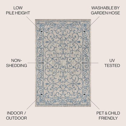 JONATHAN Y SMB106C-8 Charleston Vintage Filigree Textured Weave Indoor/Outdoor Gray/Navy 8 ft. x 10 ft. Area Rug, Classic,Easy Cleaning,HighTraffic,LivingRoom,Backyard, Non Shedding