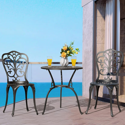 NUU GARDEN 3 Piece Outdoor Bistro Table Set, All Weather Cast Aluminum Patio Bistro Sets Patio Table and Chairs Set of 2 with Umbrella Hole for Yard, Garden, Balcony, Black