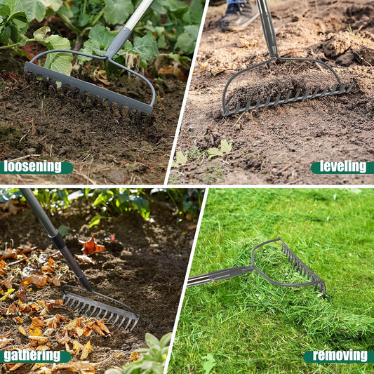 Garden Rake, 6 FT Bow Rakes for Lawns Heavy Duty, Yard Metal Rake with Adjustable Long Handle, 14 Tines Head, Gardening Tool for Loosen Soil, Gather Leaves, Level Mulch, Remove Debris