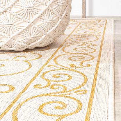 JONATHAN Y SMB106M-28 Charleston Vintage Filigree Textured Weave Indoor Outdoor Runner Rug, Classic, Traditional, Transitional Easy Clean,Bedroom,Kitchen,Backyard,Patio, Non-Shed, Cream/Yellow, 2 X 8