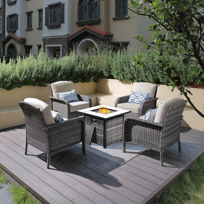 ovios 4 Pieces Patio Furniture Set with 30" Fire Pit Table, Outdoor Wicker Chairs of 4, All Weather High Back Rattan Chairs 4-Seater with Comfy Cushions, Beige