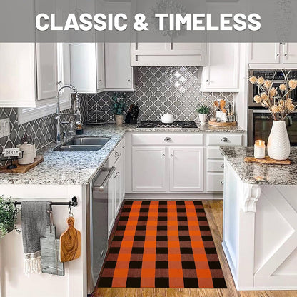 IOHOUZE Fall Buffalo Plaid Check Rug Outdoor Doormat 3x5 Ft Washable Woven Outdoor Indoor Welcome Mats for Front Door/Farmhouse/Entryway/Home Entrance Black and Orange Outdoor Rug