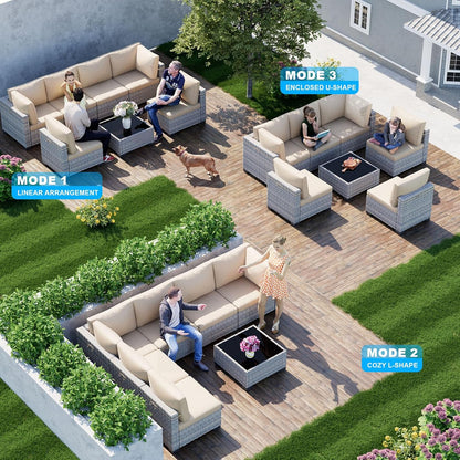 7-Piece Patio Furniture Set, Outdoor Sectional with Thick Cushions, Modular Patio Sofa, Dual-Strand Wicker Rattan, Rust-Resistant Frame, Backyard Furniture for Garden, Deck, Khaki
