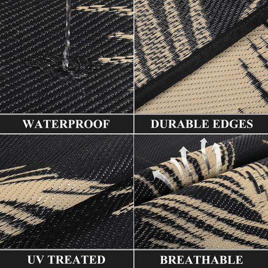 Pauwer Waterproof Outdoor Rug 8x10, Reversible Plastic Straw Patio Camping Rug, Indoor Outdoor RV Mat Carpet for Deck, Camper, Porch, Balcony, Backyard, Picnic, Leaf Black Brown