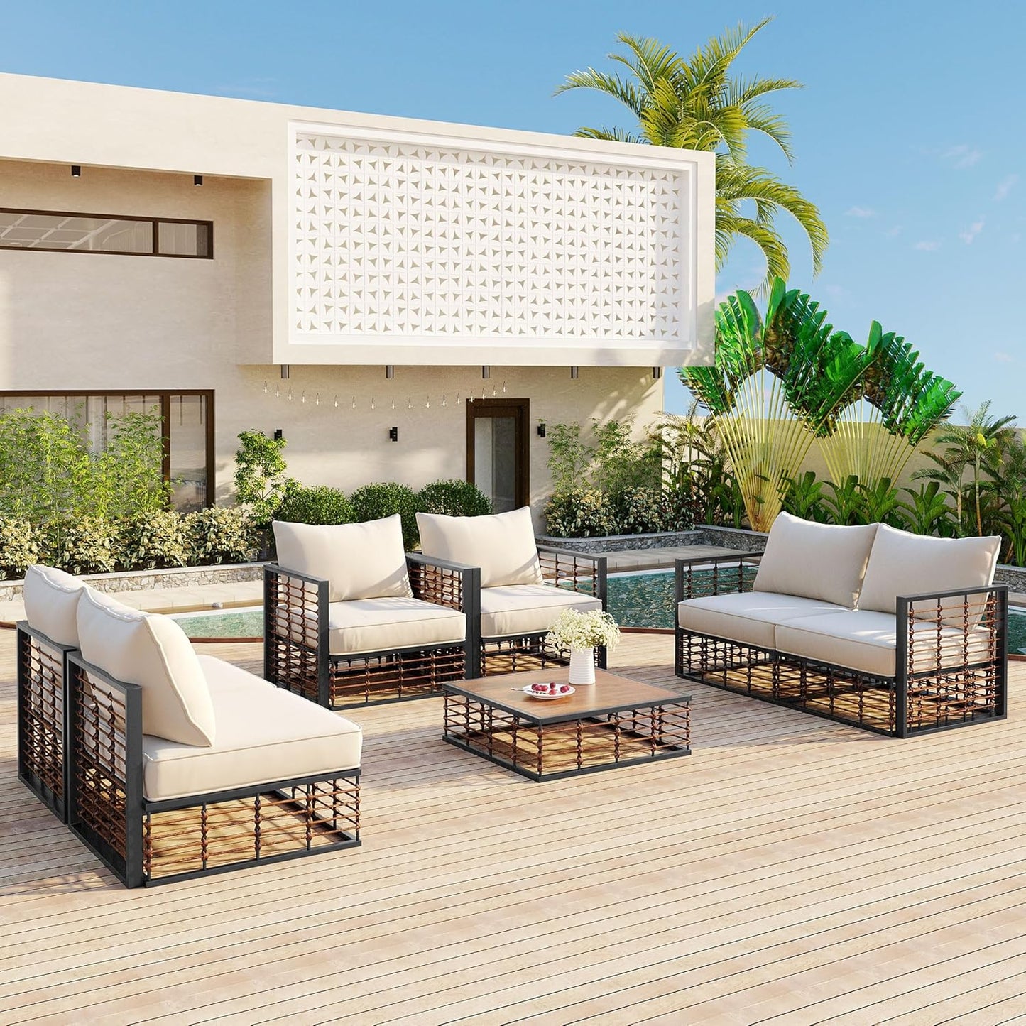 7-Piece Metal Patio Sectional Sofa Set, Free Combination Sofa Set with Coffee Table, All-Weather Garden Conversational Furniture Set with Thick Cushions and 8 Pillows (Dark Gray Frame+Brown Cushion)
