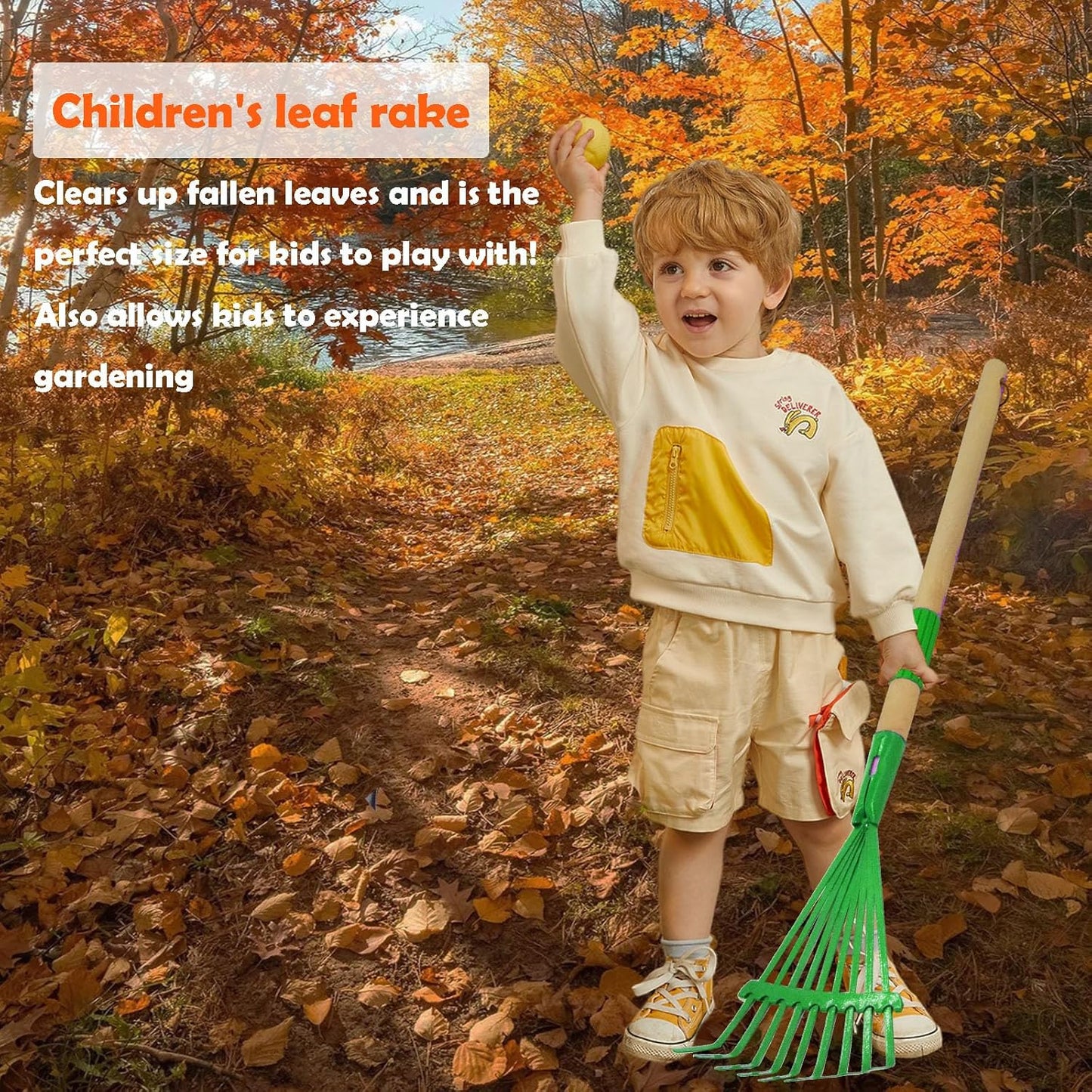 Kids Leaf Rake-Small Wooden Handle Leaf Rake with Metal Tines, 27inches /69cm Length, for Kids Enjoy Garden Cleaning Activities (Green)