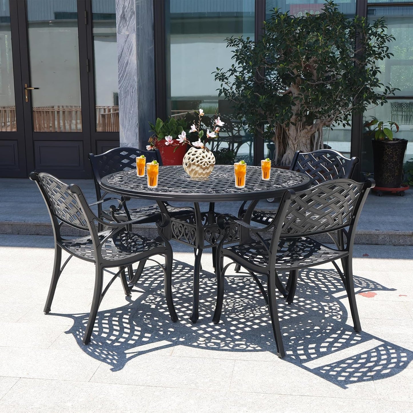 Cast Aluminum Patio Table,48" Round Patio Dining Table for 4-6 Person with Umbrella Hole,Metal Patio Table Outdoor Round Bistro Dining Table for Garden,Yard,Black