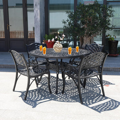 Cast Aluminum Patio Table,48" Round Patio Dining Table for 4-6 Person with Umbrella Hole,Metal Patio Table Outdoor Round Bistro Dining Table for Garden,Yard,Black