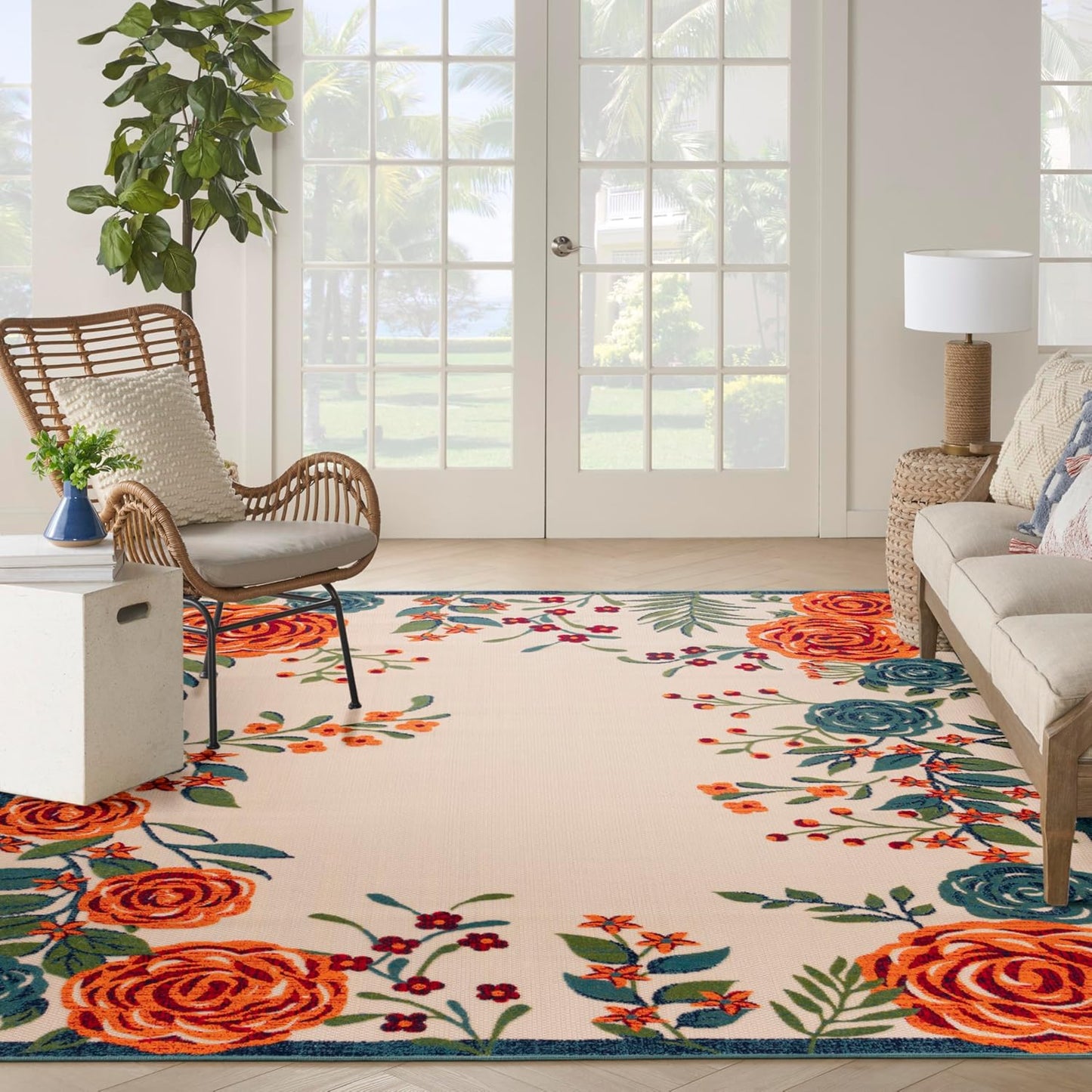 Nourison Home Aloha Indoor/Outdoor Ivory Multicolor 12' x 15' Area Rug, Easy-Cleaning, Non Shedding, Bed Room, Living Room, Dining Room, Backyard, Deck, Patio (12x15)
