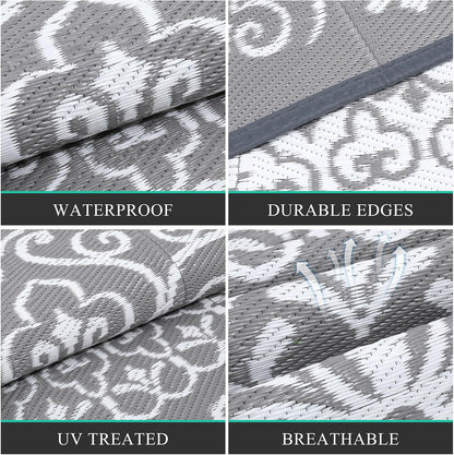 Pauwer Waterproof Outdoor Rug 9x12, Reversible Plastic Straw Patio Camping Rug, Indoor Outdoor RV Mat Carpet for Deck, Camper, Porch, Balcony, Backyard, Picnic, Floral Grey