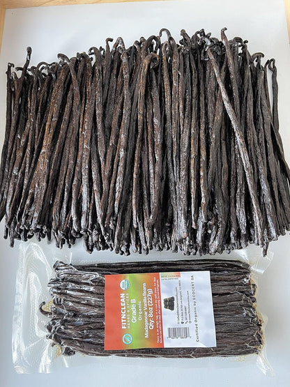 8oz Organic Madagascar Vanilla Beans Grade B for Extract. Certified USDA Organic. 5"-7" by FITNCLEAN VANILLA for Paste and Baking (1/2 Lb) Whole NON-GMO Pods