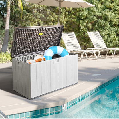 110 Gallon Pro Outdoor Storage Box, Waterproof Resin Deck Box for Patio, Pool, and Garden, Lockable Bin for Cushions, Tools, and Accessories, UV-Resistant, Grayish Brown