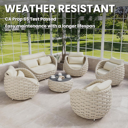 Sunroom Furniture Sets: 6 Pieces Aluminum Woven Rope Patio Conversation Sofa Set Cushioned - Modern Outdoor Couch Set No Assembly - Armchair Set Porch Deck Garden Poolside Gazebo Hotel - Beige