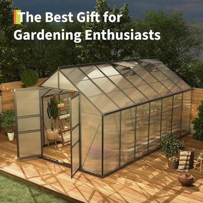 8*14 FT Outdoor Walk-in Greenhouse, Polycarbonate Green House, Heavy Duty Greenhouse with Vented Roof Window, Windproof Aluminum Frame, Suitable for Outside Gardening, Backyard, Patio