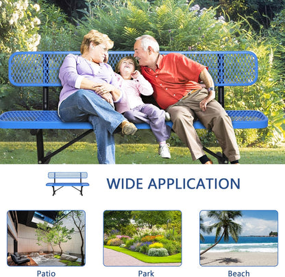 8FT Heavy Duty Park Bench with Back Portable Frame, Outdoor Steel Bench with Backrest, Outdoor Park Bench Expanded Metal Mesh Bench for Lawn, Park, Deck, Garden, Patio, Porch, Black (Blue, 8FT)