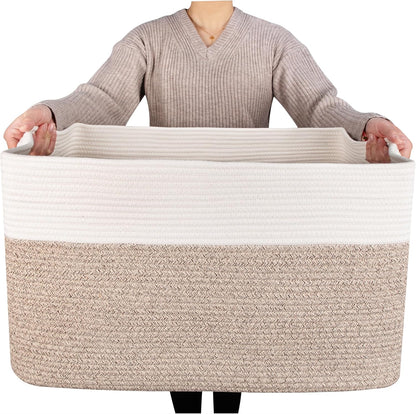 MINTWOOD Design 22in Extra Large Blanket Basket Holder Living Room, Rectangle Rope Woven Storage Basket with Handles for Laundry, Pool Towels, and Shoes, Dog Toy Organizer Bin Box, Light Brown