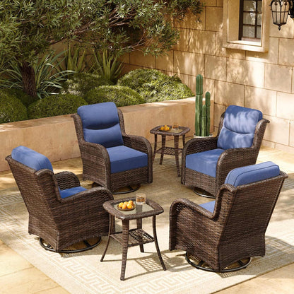 HILLGA Luxury Patio Furniture Set with 6-inch Thick Cushion, Outdoor High Back Swivel Rocker Patio Chairs, 6PCS Wicker Conversation Set for Deck Yard and Poolside, Blue (V2)