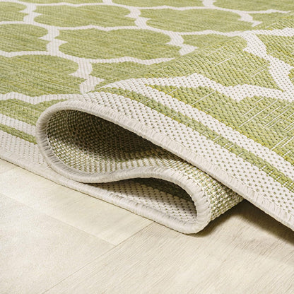 Eyely BMS109G-5R Santa Monica Trebol Moroccan Trellis Textured Weave Indoor/Outdoor Area Rug Coastal;Bohemian, Bedroom, Backyard, Patio, Easy-Cleaning, Non-Shedding, 5' Round, Green/Cream