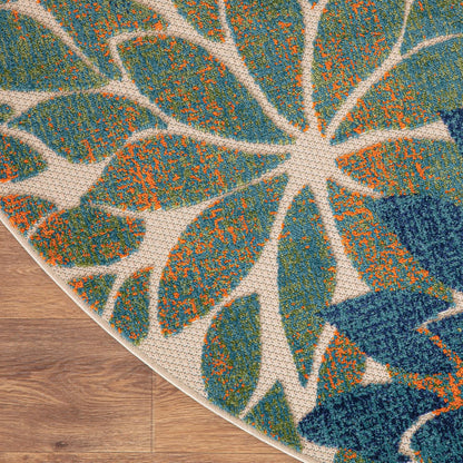 Nourison Home Aloha Tropical Blue Green 5'3" x Round Area -rug, Easy -cleaning, Non Shedding, Bed Room, Living Room, Dining Room, Kitchen (5 Round)