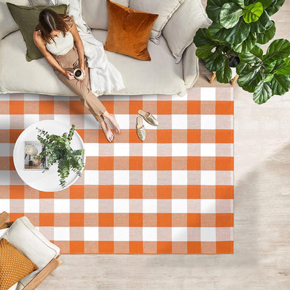 IOHOUZE Fall Buffalo Plaid Check Rug Outdoor Doormat 4x6 Ft Washable Woven Outdoor Indoor Welcome Mats for Front Door/Farmhouse/Entryway/Home Entrance Orange and White Outdoor Rug