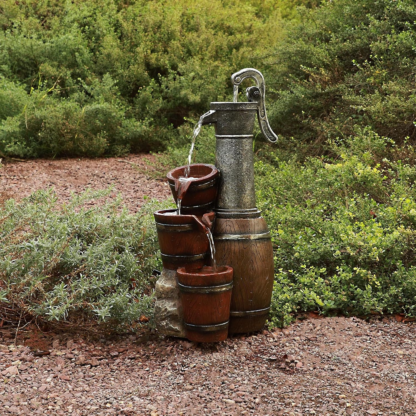 Alpine Corporation ZEN403S Indoor/Outdoor Floor Vintage Farmhouse Barrel Fountain, Rustic Waterfall for Garden, 24", Brown