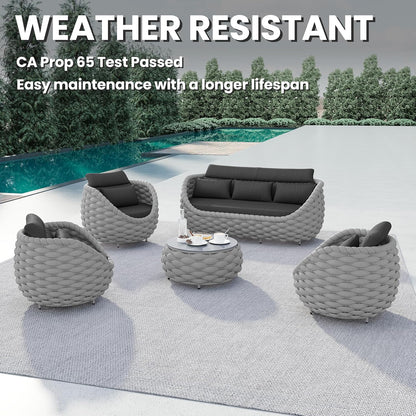 Aluminum Outdoor Seating Set: 5 Pieces Woven Rope Patio Conversation Set - Metal Sofa Set Cushioned Assembled - Modern Couch Porch Furniture for Deck Lanai Balcony Yard Poolside Hotel Resort